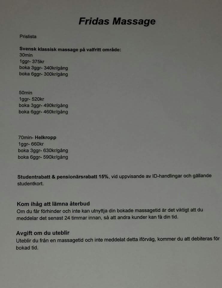 Prislista. Jag har 15% student- och pensionärsrabatt.